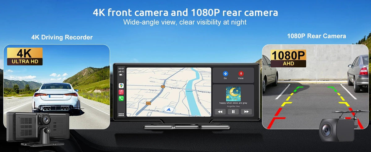 10.26"4K 64G TouchScreen Portable Wireless CarPlay/Android Auto with Dashcam and Reverse Cam SatNavWorld SatNavWorld
