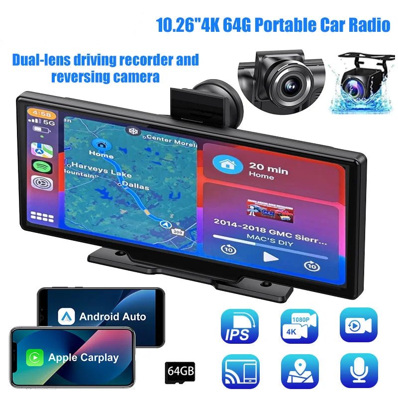10.26"4K 64G TouchScreen Portable Wireless CarPlay/Android Auto with Dashcam and Reverse Cam SatNavWorld SatNavWorld