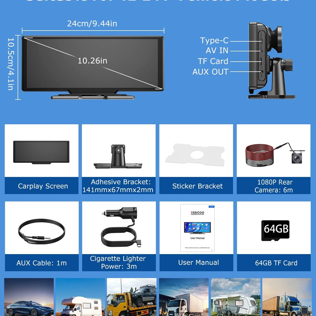 10.26"4K 64G TouchScreen Portable Wireless CarPlay/Android Auto with Dashcam and Reverse Cam SatNavWorld SatNavWorld