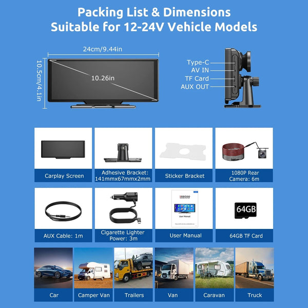 10.26"4K 64G TouchScreen Portable Wireless CarPlay/Android Auto with Dashcam and Reverse Cam SatNavWorld SatNavWorld