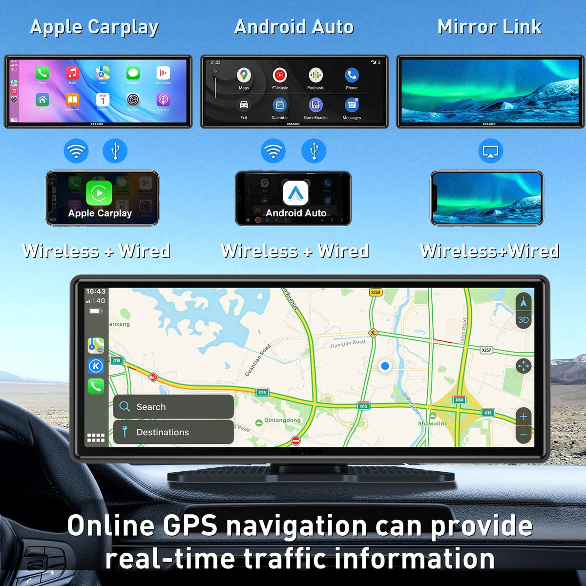 10.26" Wireless CarPlay/Android Auto Touch Screen Compatible with All Vehicles SatNavWorld SatNavWorld